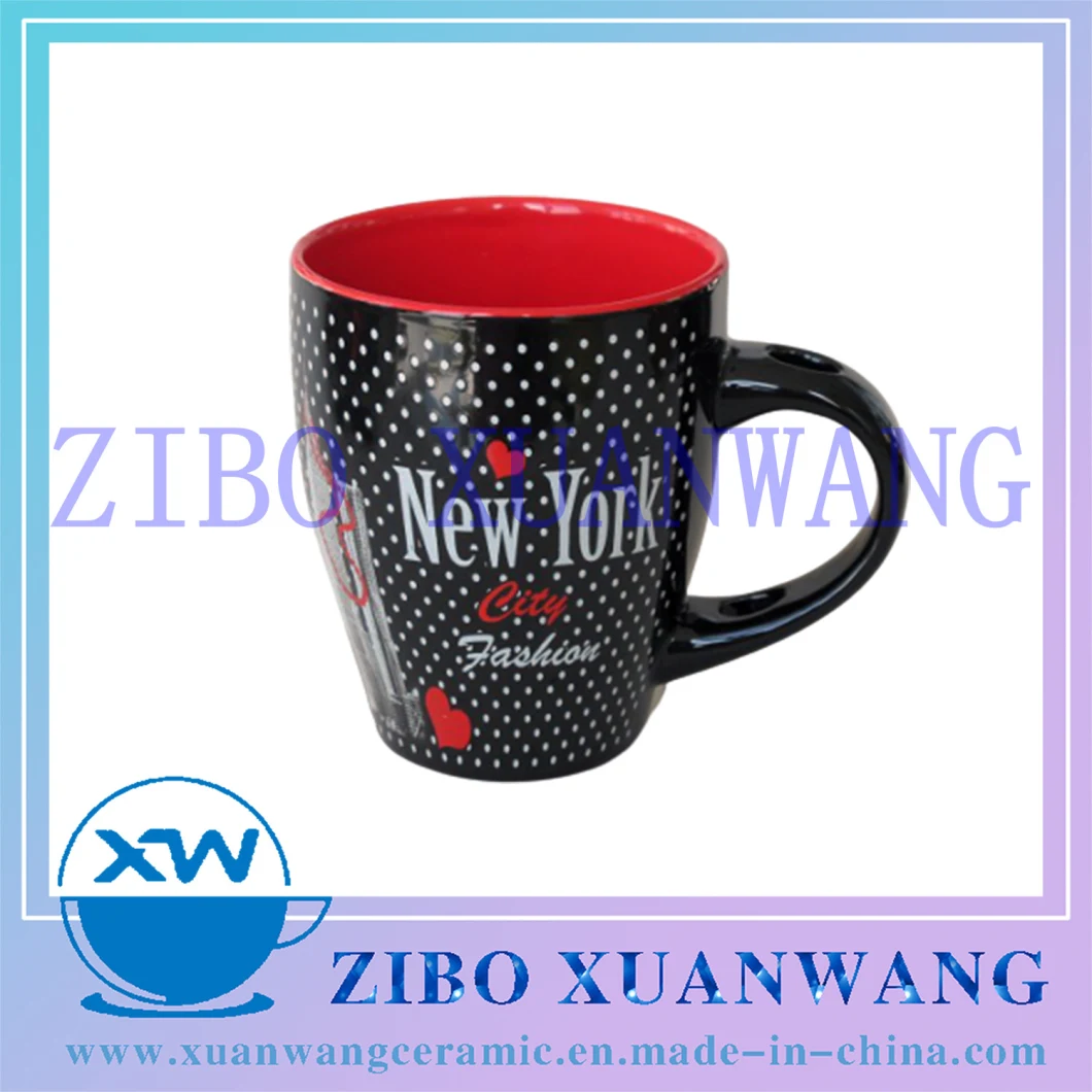 Inside Red Outside Black Ceramic Spoon Mug with New York Building Printing Ceramic Cup for Souvenir
