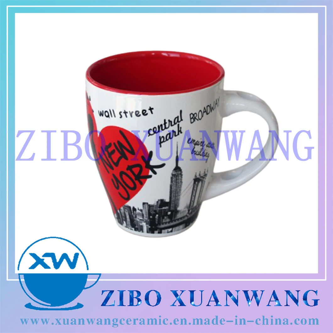 Inside Red Outside White Ceramic Spoon Mug with New York Building Printing Ceramic Cup for Souvenir