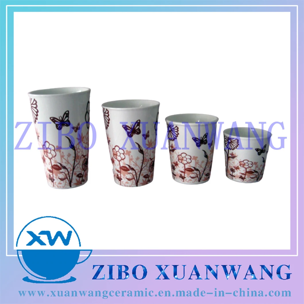 Mixed Size Straight V-Shape Ceramic Mug Without Handle with Flower and Butterfly Printing Ceramic Cup