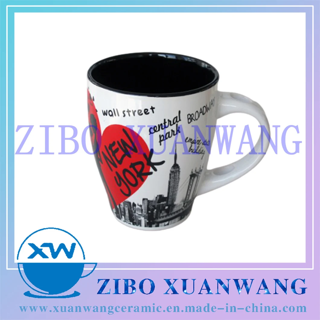 Inside Black Outside White Ceramic Spoon Mug with New York Building Printing Ceramic Cup for Souvenir