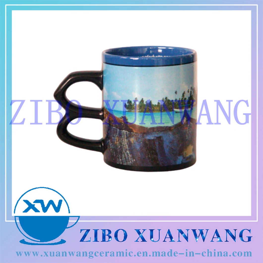 Black Glazed Ceramic Mug with Blue Edge Special Handle Ceramic Coffee Cup