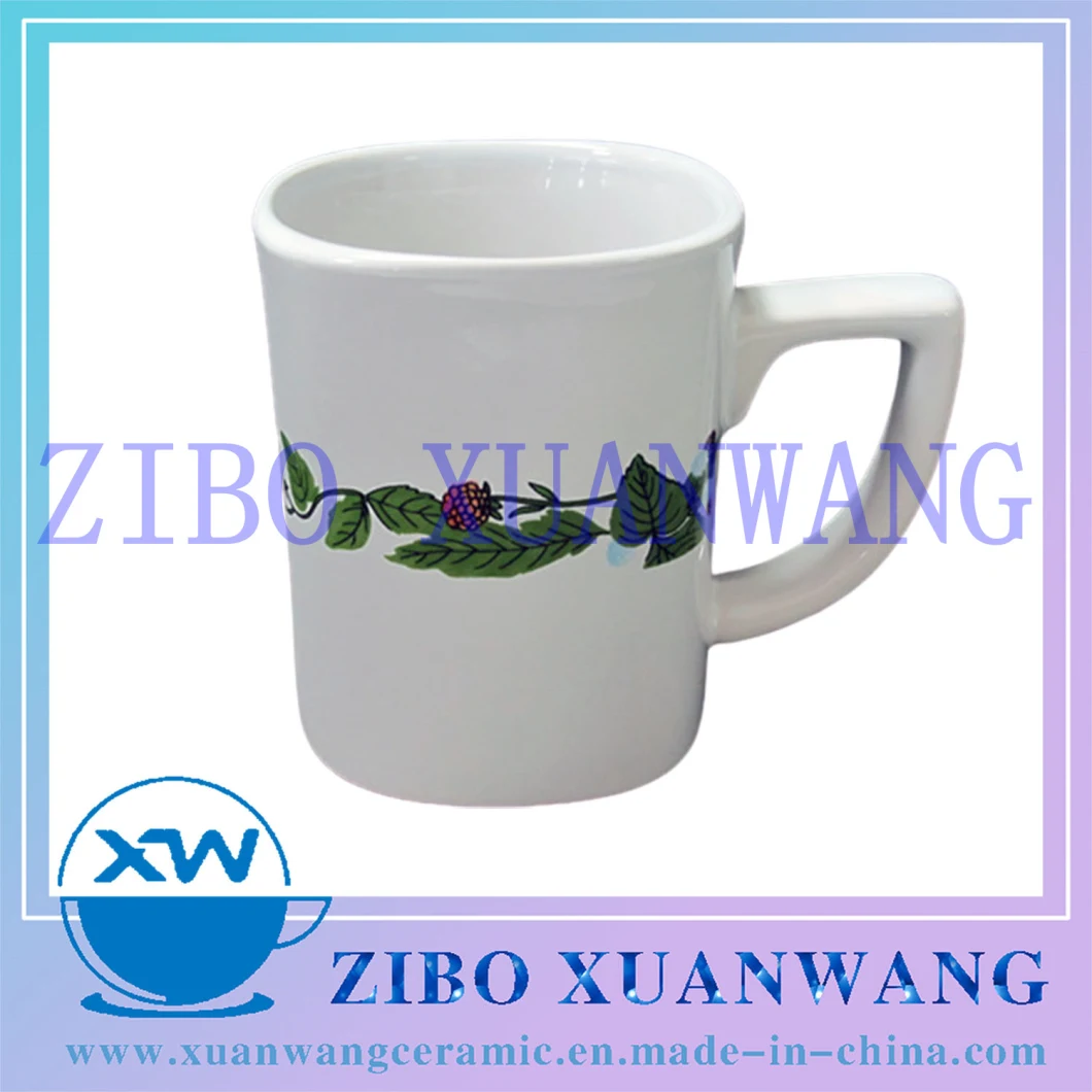 Wholesale Promotion Square Shape White Ceramic Mug with Colorful Flower Printing Ceramic Coffee Cup