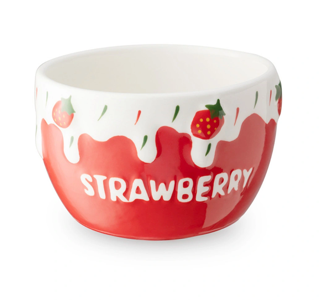 Embossed Strawberry BPA Free Food Grade China Porcelain Ceramic Eating Dinner Bowl FDA Certificate 480ml