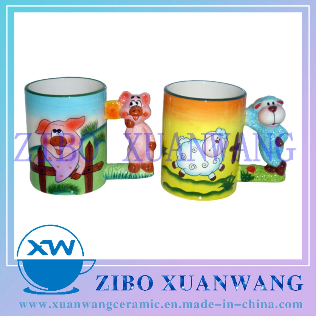 Elepant and Tiger 3D Handle Ceramic Mug with Cartoon Hand Printed Ceramic Cup