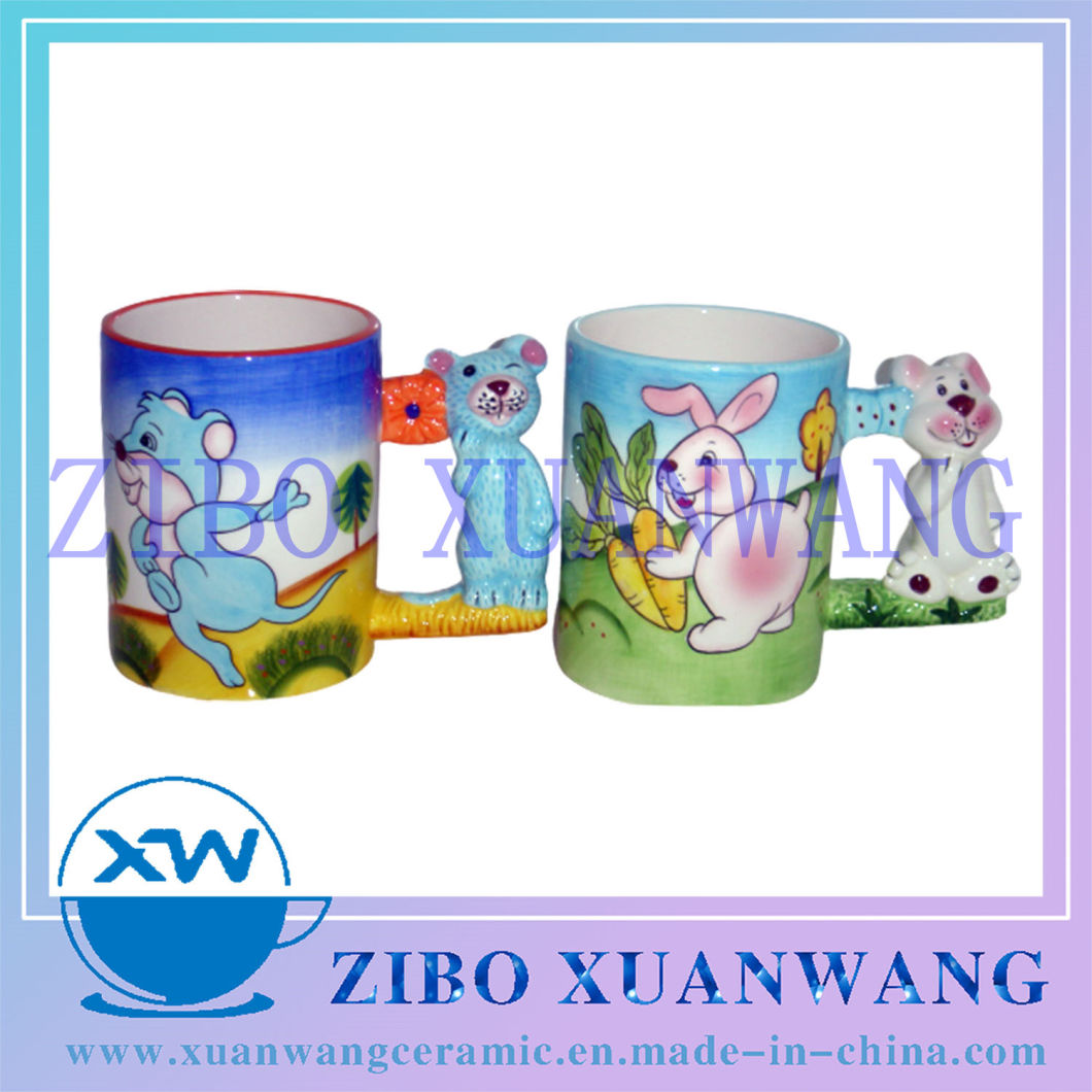 3D Pig Handle Sheep Handle Ceramic Mug with Hand Printed Printing Ceramic Cup