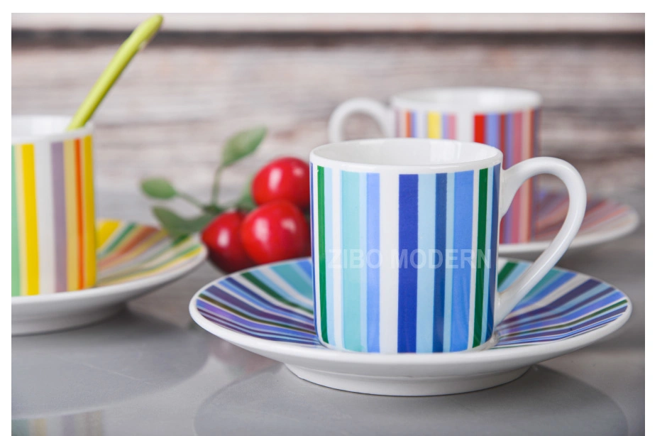 4 Oz Rainbow Striped Multi-Color Ceramic Stoneware Coffee / Tea Cup with Saucer