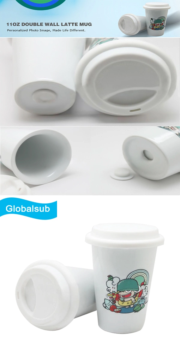 11oz White Double Wall Ceramic Travel Mug with White Lid