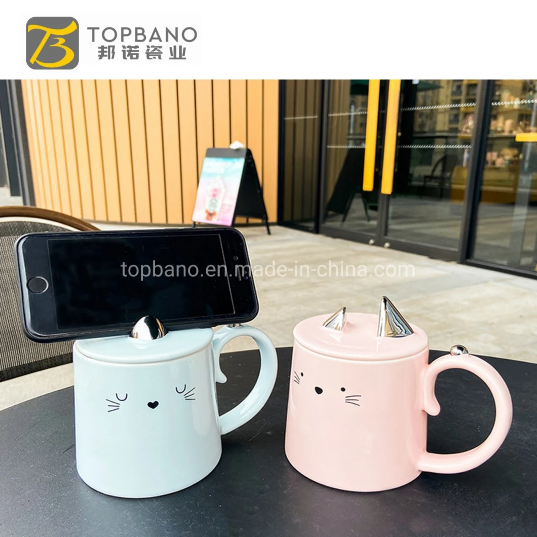 Creative Ceramic Mobile Phone Holder Porcelain Cup Cartoon Cat Ceramic Cup Color Glaze Mug with Lid Home Office Milk Water Cup