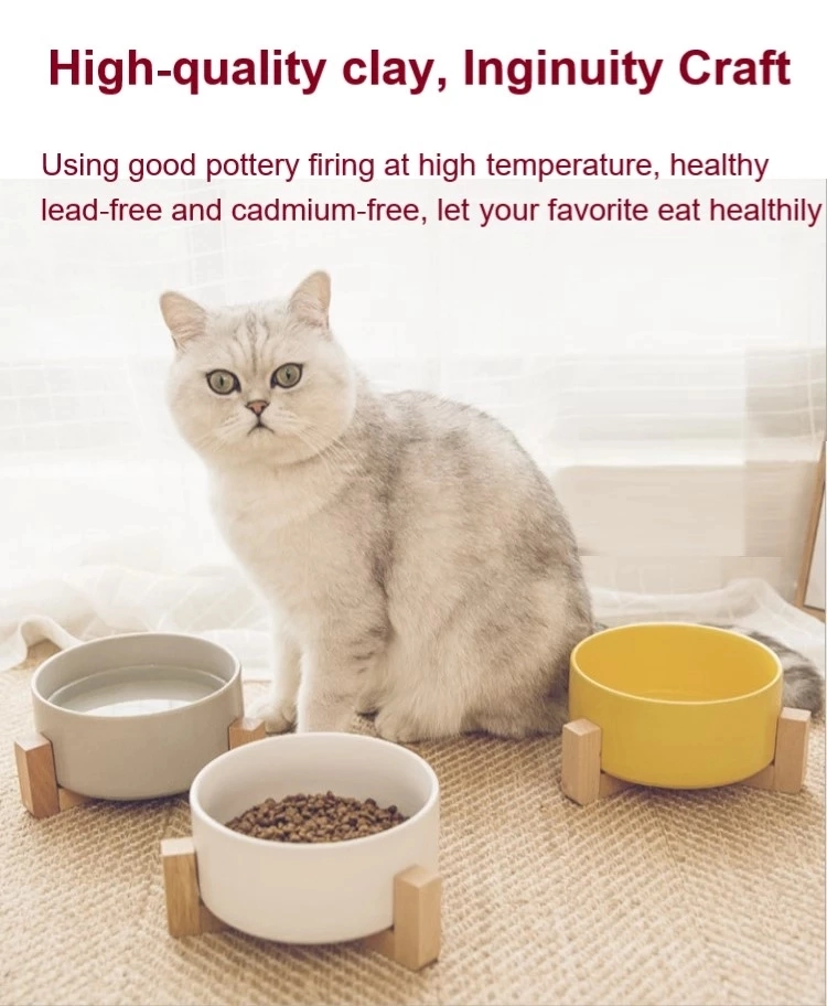 Ceramic Pet Cat Bowl, Wooden Shelf Cat Dog Food Bowl