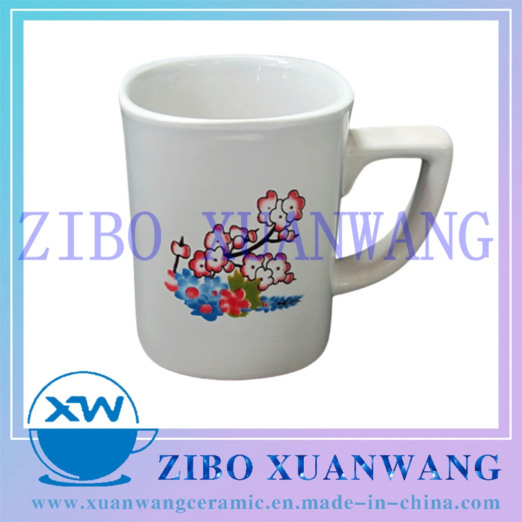 Wholesale Promotion Cheap Square Shape White Ceramic Mug with Colorful Flower Logo Printing Ceramic Cup