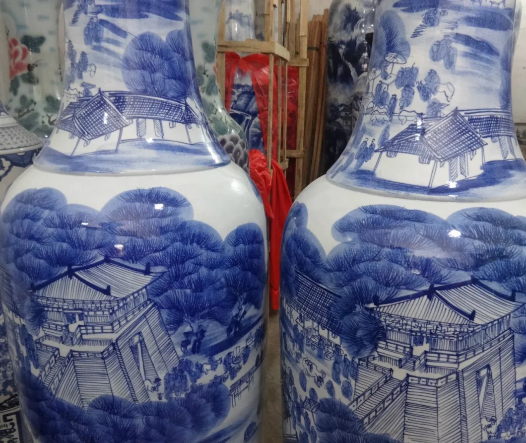 China Wholesale Household High Quality Scenery Pattern Long Neck Ceramic Flower Pot Blue and White Porcelain