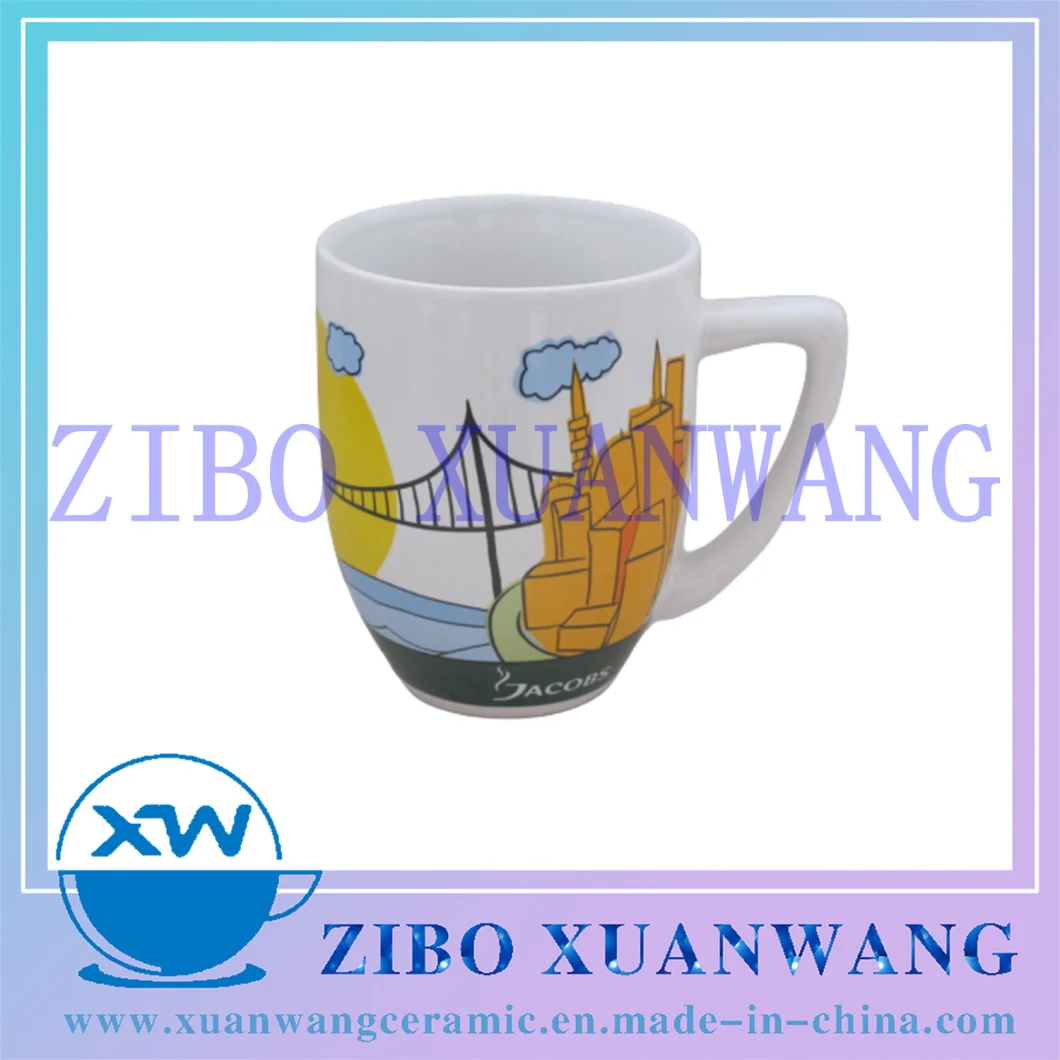 White Ceramic Mug with 7shape Handle Ceramic Mug with Customized Building Printing Ceramic Cup