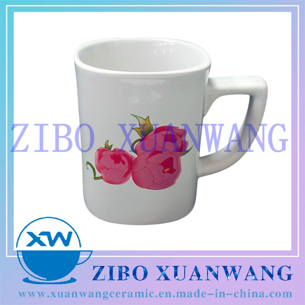 240ml Wholesale Promotion Cheap Square Shape White Ceramic Mug with Color Logo Printing Ceramic Coffee Cup