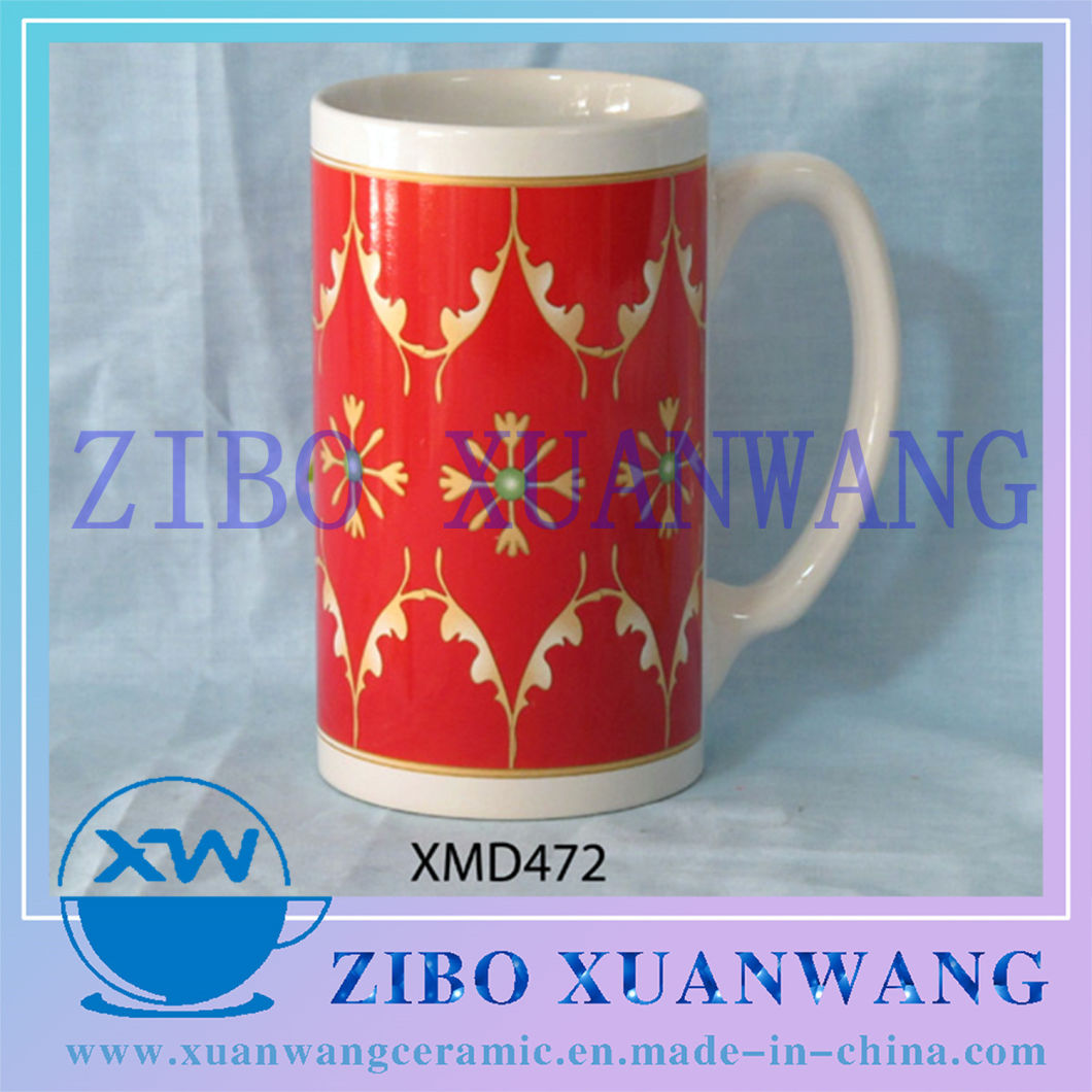 Tall Straight Shape Ceramic Mug with Red Flower Full Printing Wholesale and Promotion Ceramic Cup