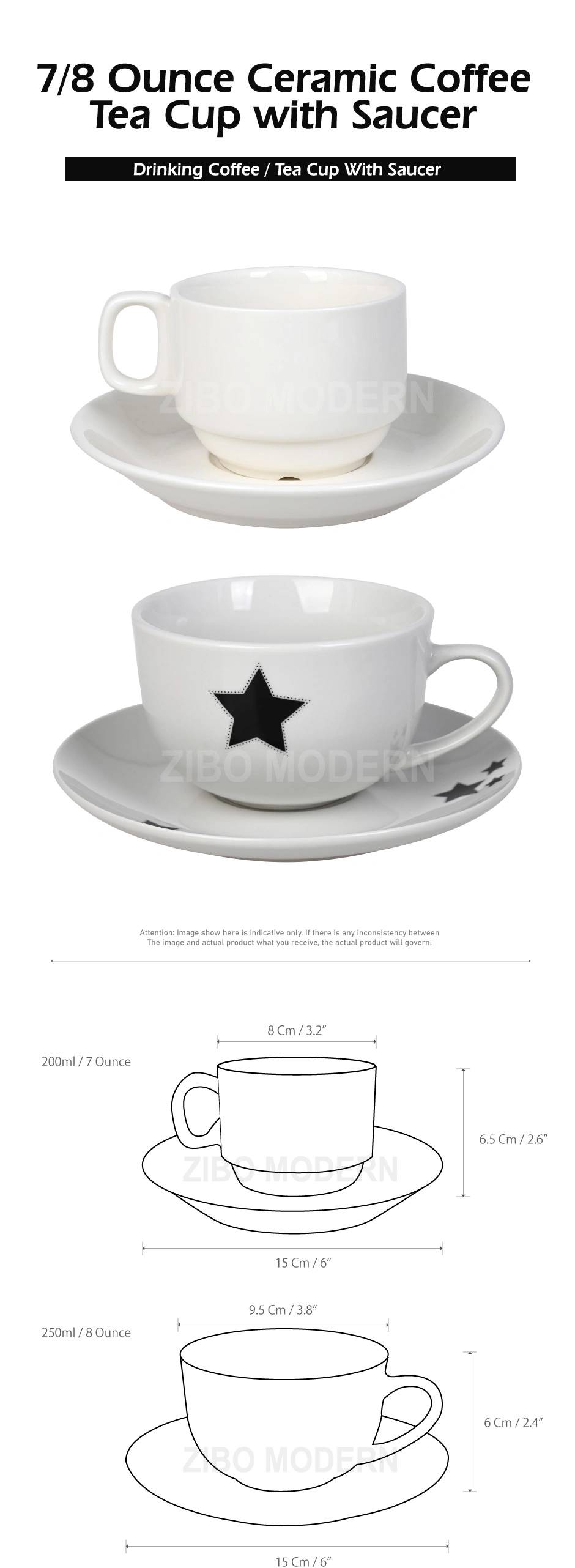 7/8 Ounce Ceramic Porcelain Coffee Tea Cup with Saucer