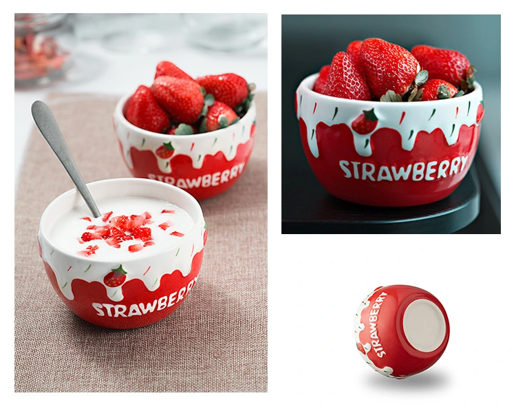 Embossed Strawberry China Ceramic Porcelain Eating Dinner Dinnerware Tableware Kitchenware Bowl for Baby Children Adult
