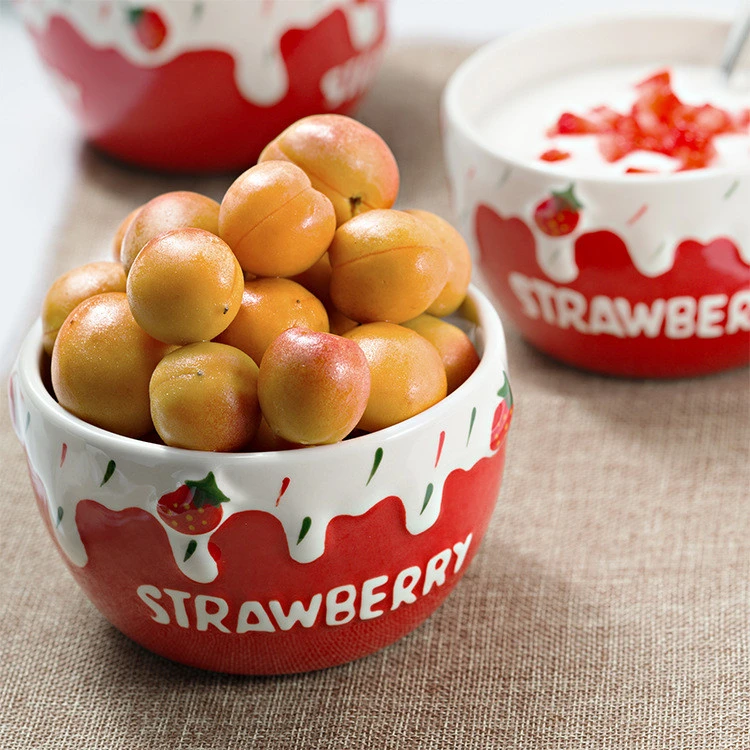 Embossed Strawberry China Ceramic Porcelain Eating Dinner Dinnerware Tableware Kitchenware Bowl for Baby Children Adult