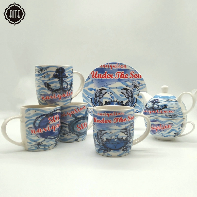Top Selling Blue Promotional Bulk Mugs and Pot Custom Logo Tea Cups and Saucers Ceramic