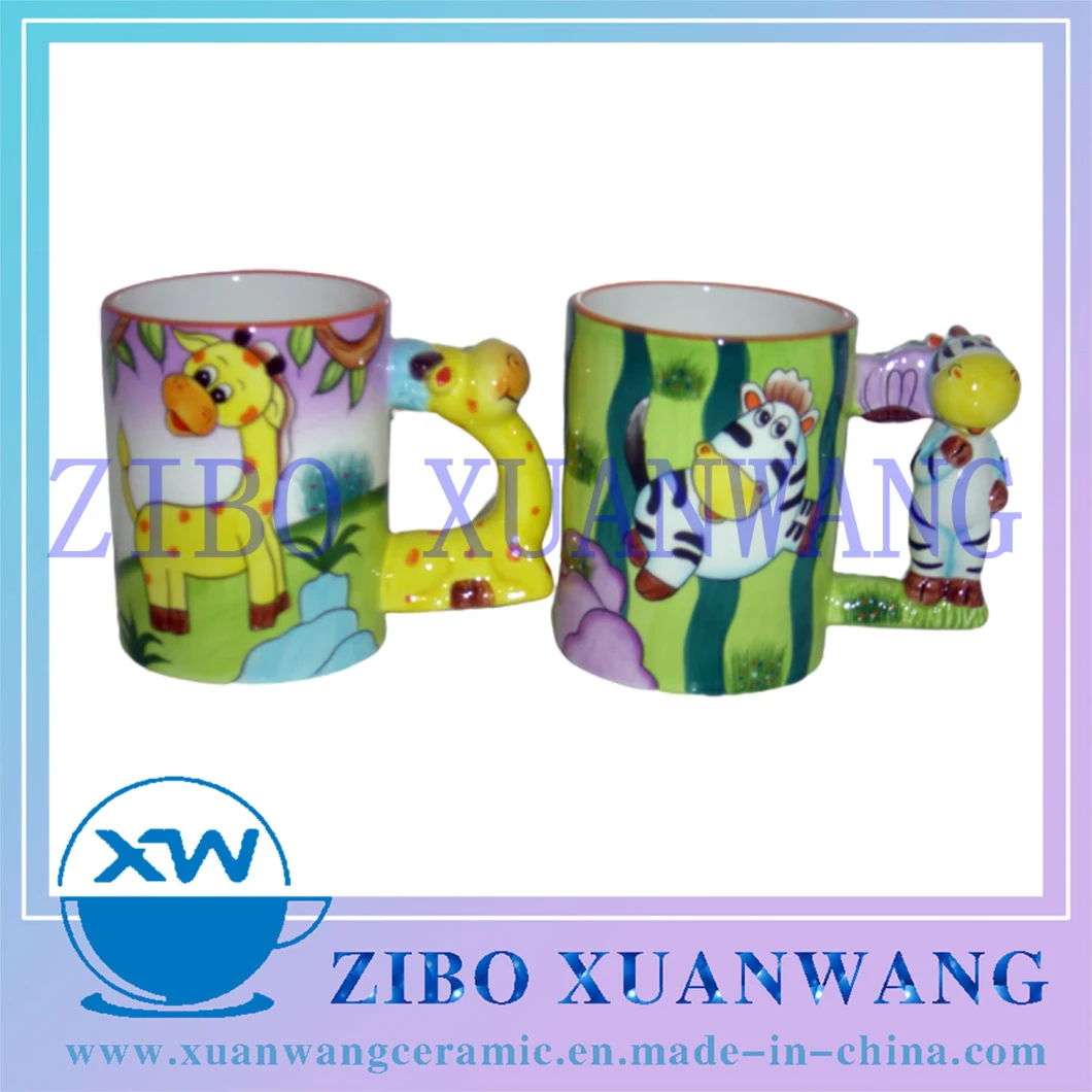 Cartoon Colorful Animal 3D Embossed Handle Ceramic Mug with Colorful Hand Printing Ceramic Cup