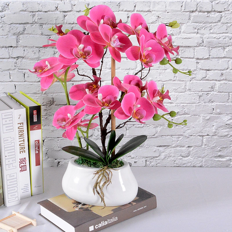Potted Artificial Fabric Flower Orchid Arrangement with Ceramic Pot for Home Decor