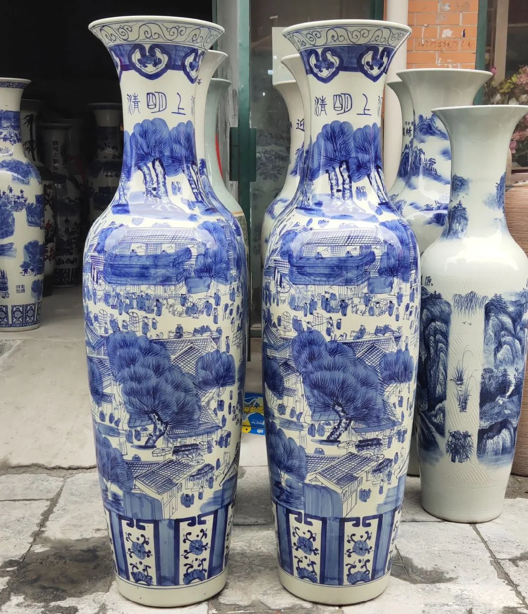 China Wholesale Household High Quality Scenery Pattern Long Neck Ceramic Flower Pot Blue and White Porcelain