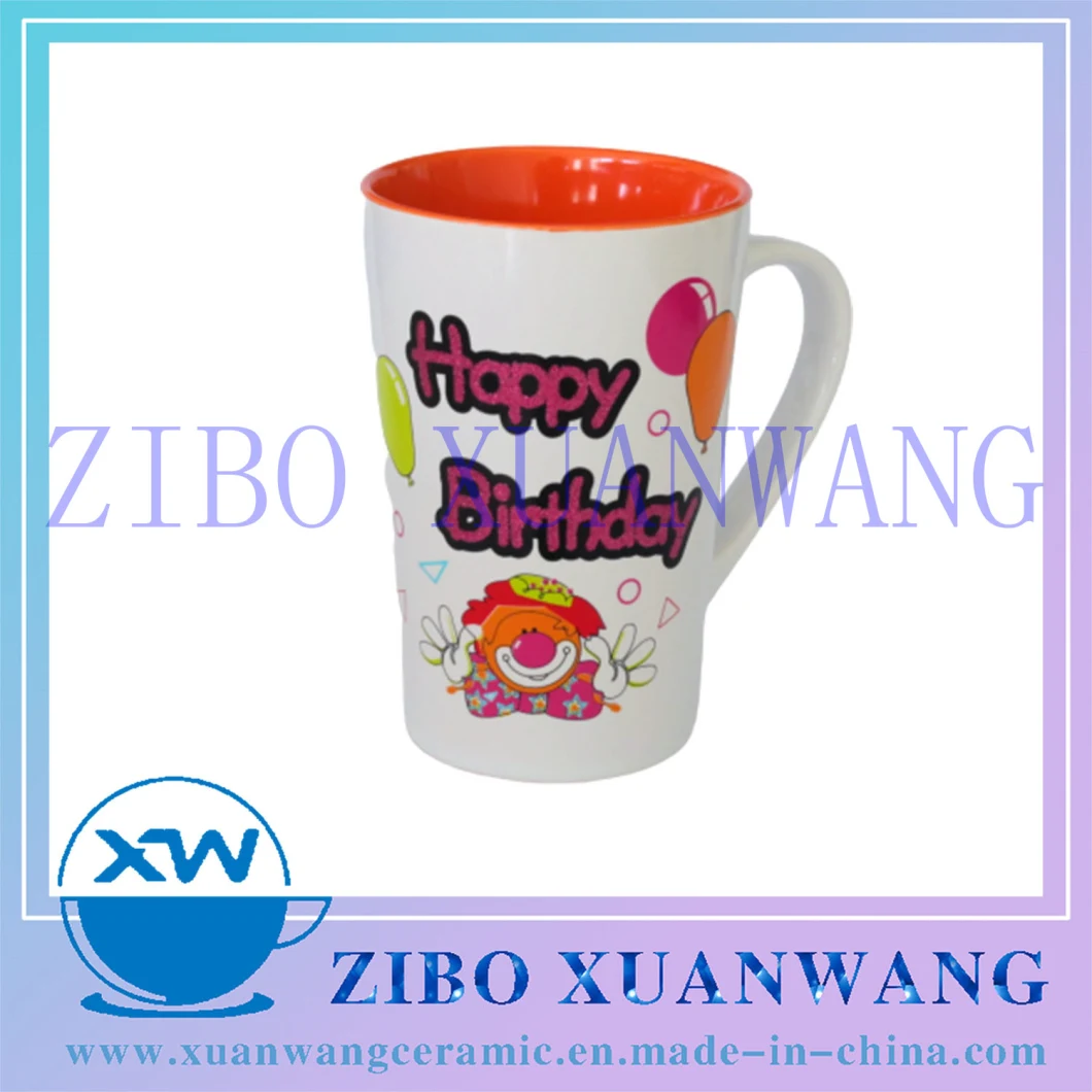 Inside Blue Outside White V-Shape Ceramic Mug with Happy Birthday Gift Printing Ceramic Coffee Cup
