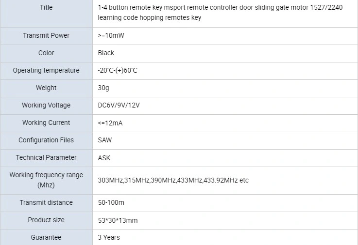 1-4 Button Remote Key Msport Remote Controller Door Sliding Gate Motor 1527/2240 Learning Code Hopping Remotes Key