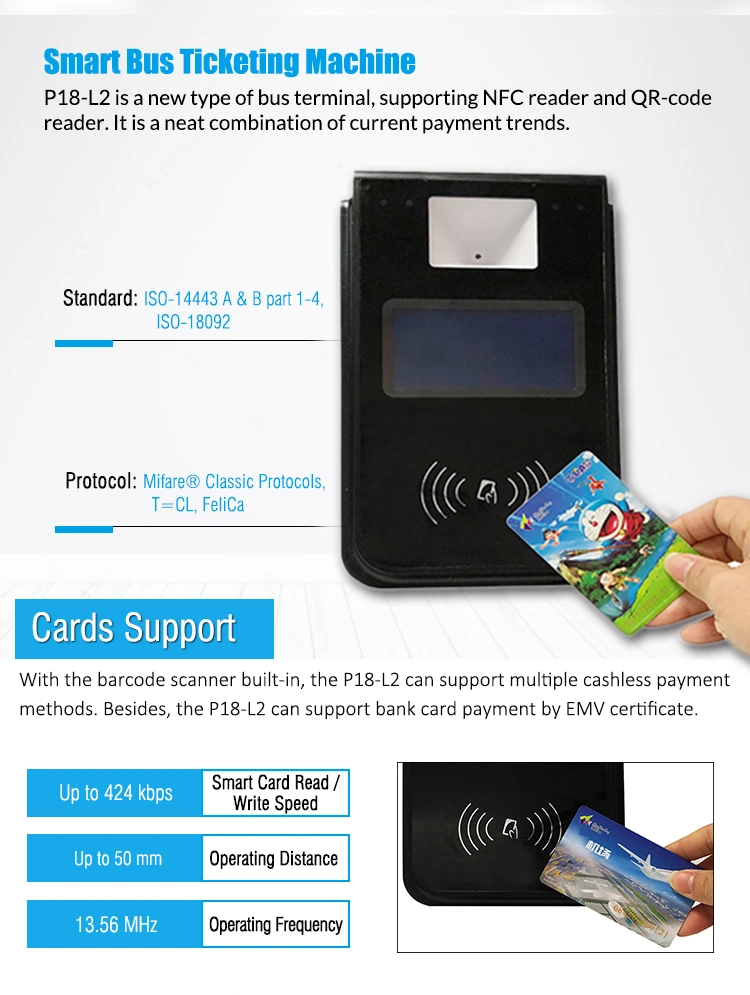 EMV L2 Linux Qr Code RFID NFC Card Reader GPS Bus Ticketing Validator Vending Conductor Machine P18-L2