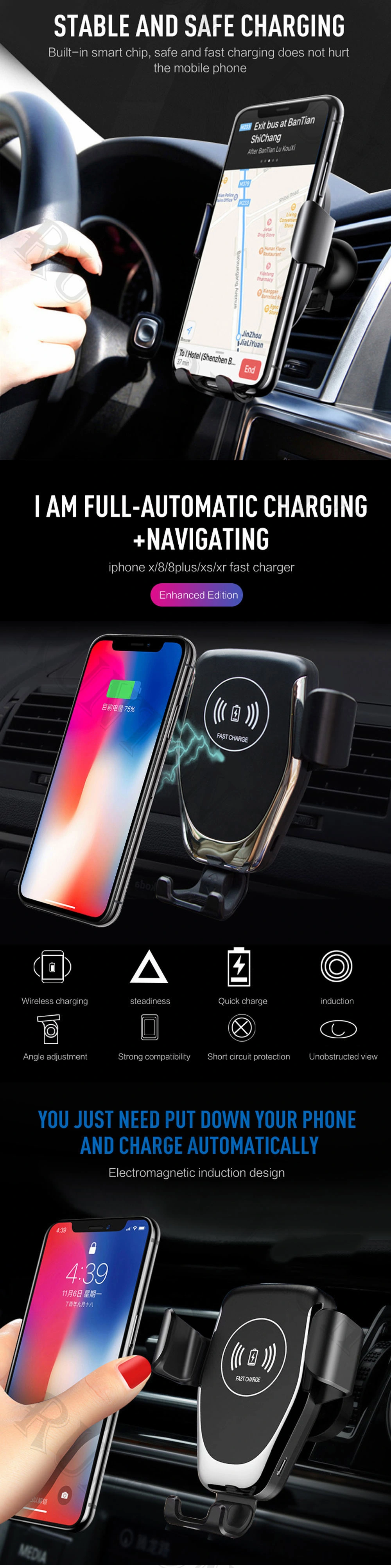 Car Holder Quick Charging Rt-C1 GPS Positioning One Key for Car Wireless Charger