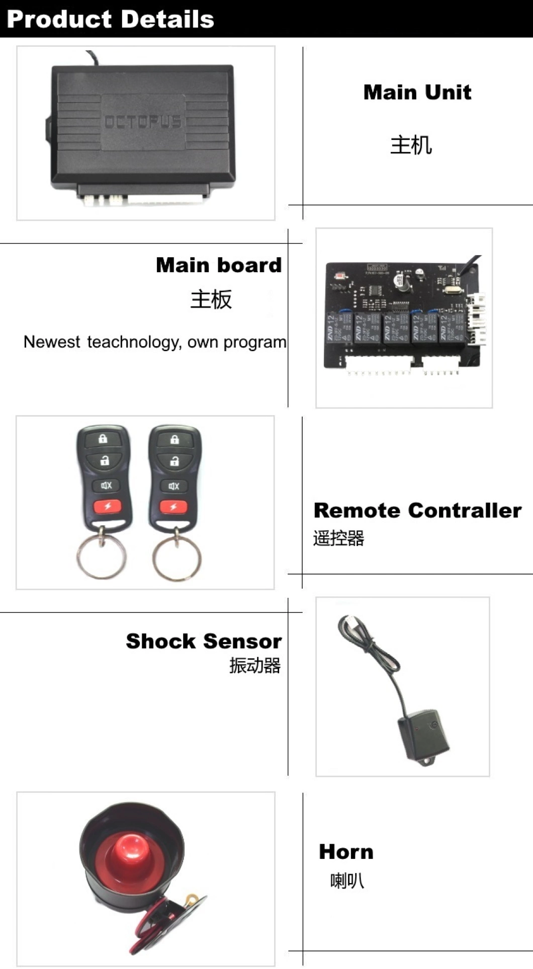 Octopus Car Alarm System Hot Selling Car Security System Remote Control Car Lock System