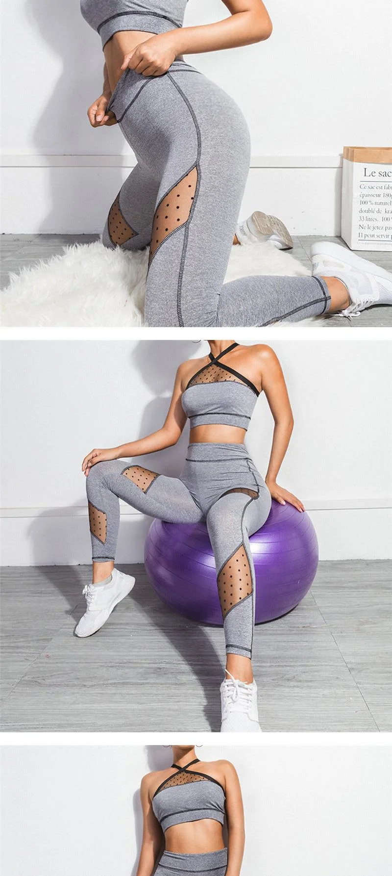 Mesh&Hollow Patchwork Gym Set Fitness Bra and Leggings Yoga Wear Sport Clothing Set Women