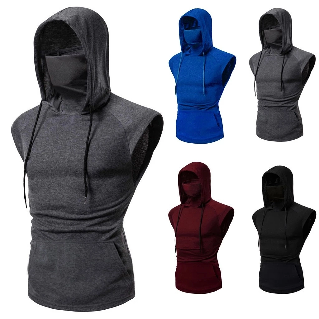 Custom Logo Men's Hooded Masked Tank Tops Male Bodybuilding Workout Tank Top Muscle Fitness Gym Clothing Sleeveless Hoodie