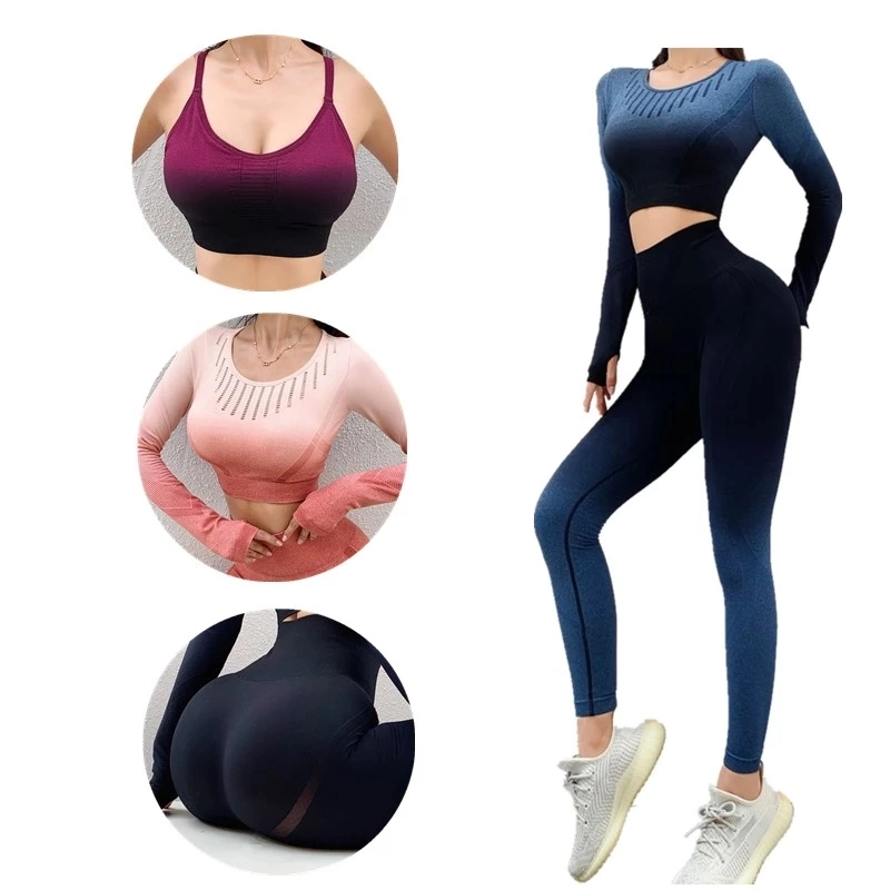 Seamless Leggings Women Yoga Set Gym Clothing Long Sleeve Crop Top Sports Bra Running Pants Fitness Workout Sports Suit
