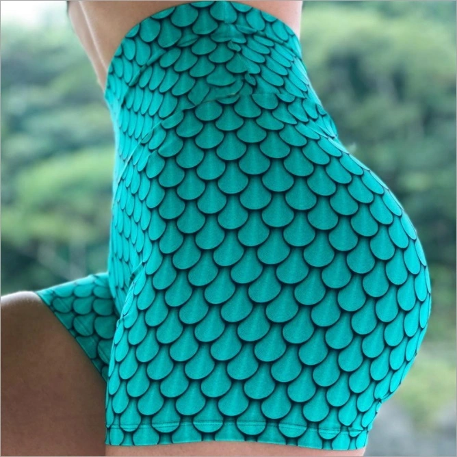 Mermaid Squama Printed Tall Waist Yoga Hot Pants Running Exercise Gym Shorts