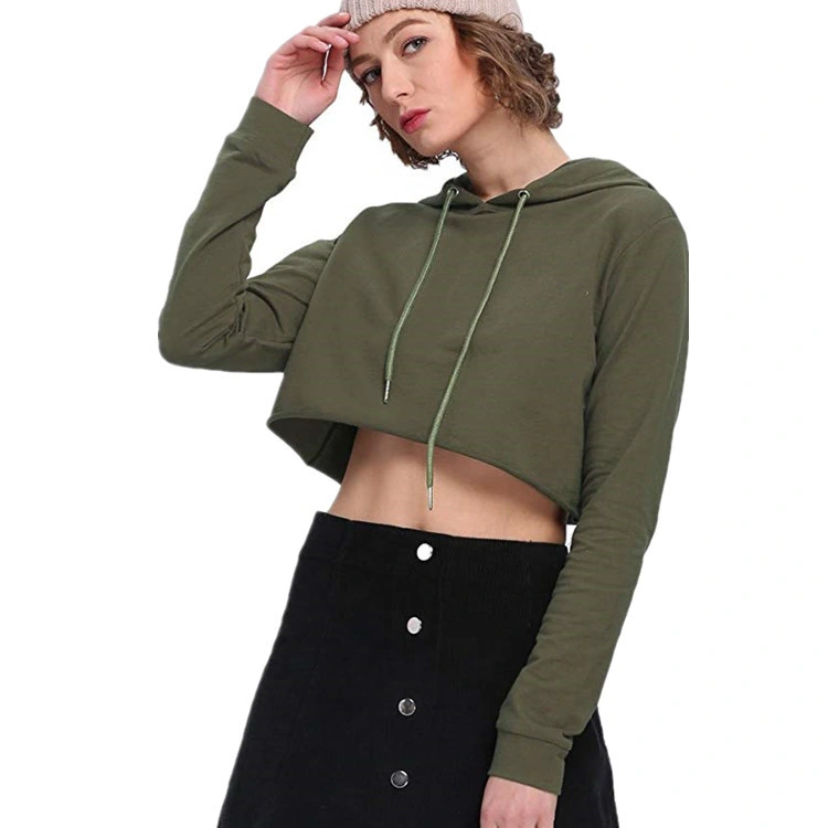 Womens Cropped Workout Sports Hoodie Plain Army Green Long Sleeve Crop Top Sweatshirts
