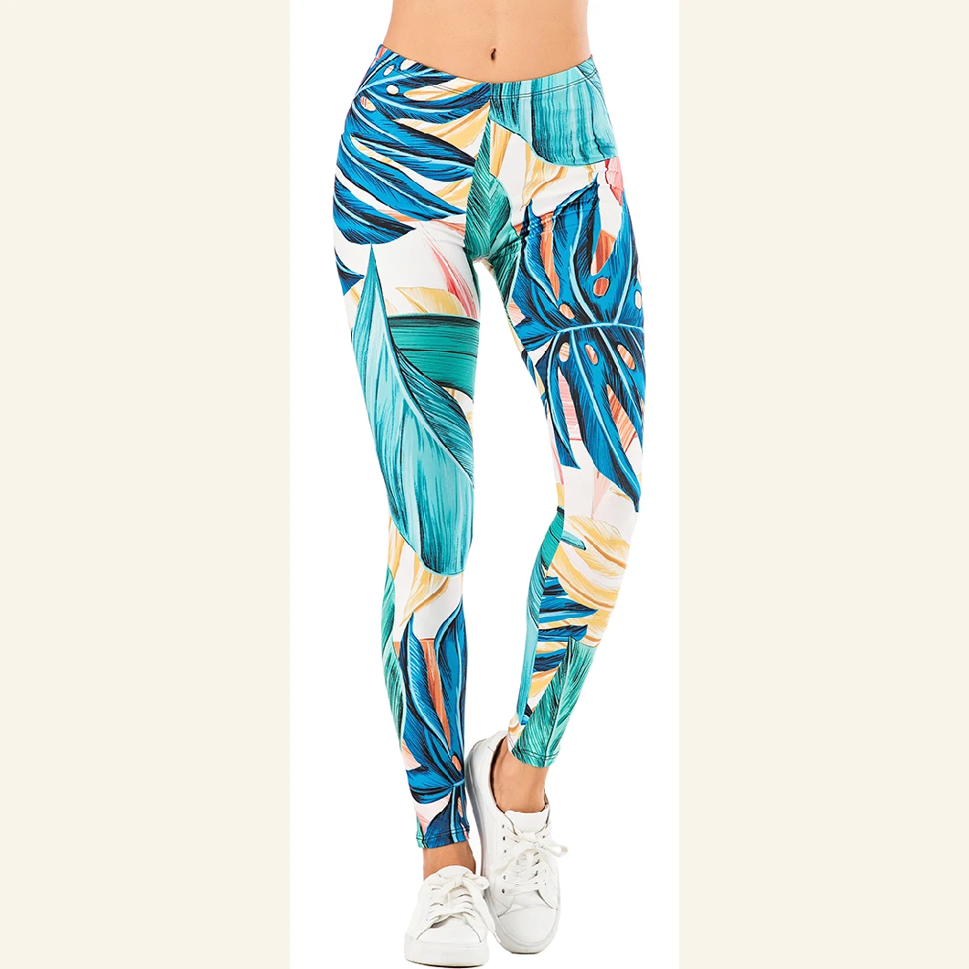 Brands Women Fashion Legging Watercolor Palm Printing Leggings Slim High-Waisted Leggings Women's Pants