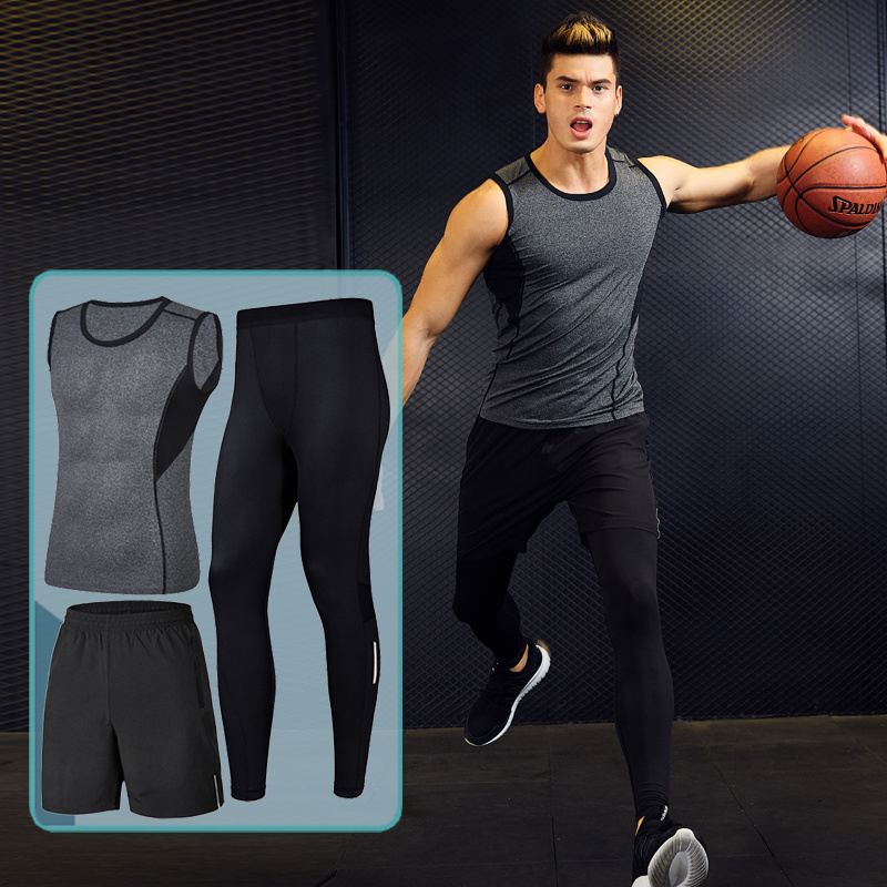 Workout Clothes Men's Suit Three-Piece Quick-Drying Tights Training Suit Running Sports Gym Spring and Summer