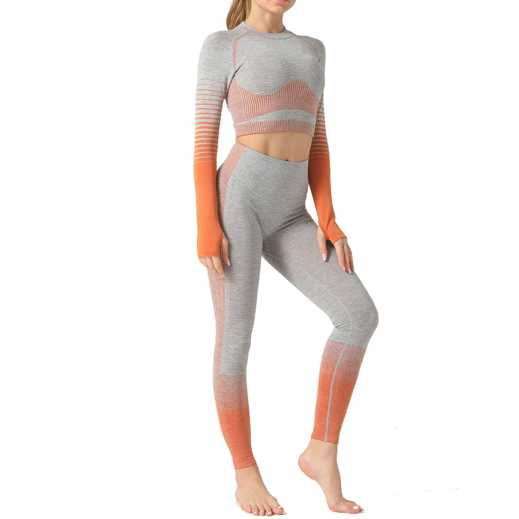 Striped Seamless Yoga Sets Sports Clothing for Women Knitted Hip Lifting Tight Leggings Long Sleeve