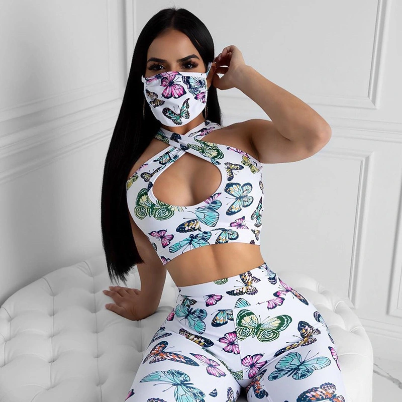 New Ladies Sexy Butterfly Print Hollow Vest Trousers Leggings Yoga Clothing Suit