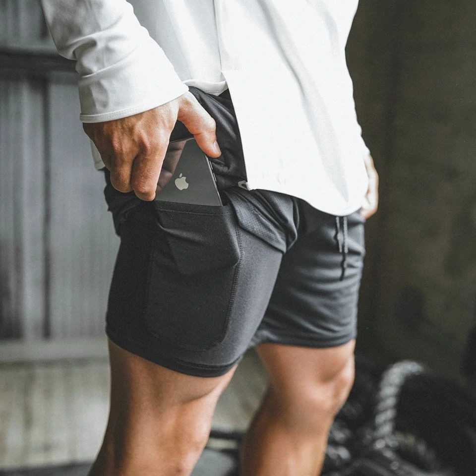 Wholesale Running Shorts Mens Sport Tights Shorts 2 in 1 Sweatpants with Invisible Pocket Inside
