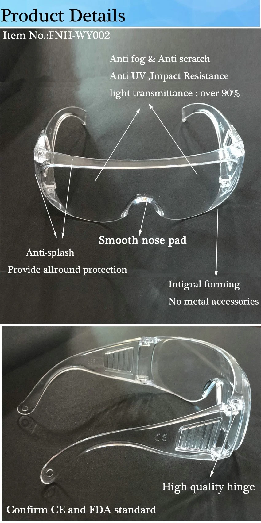 Anti Impact Fog Proof PPE Scratch Resistant Eyewear Eye Protective Safety Glasses