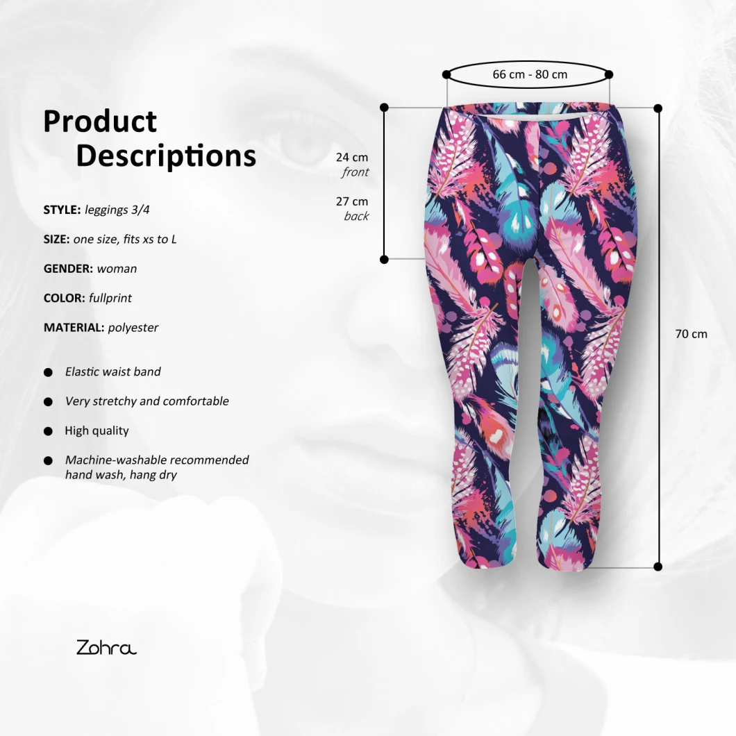 Zohra Digital Print Feathers Color Fashion Women Cropped Pants Sexy Women Capri Leggings