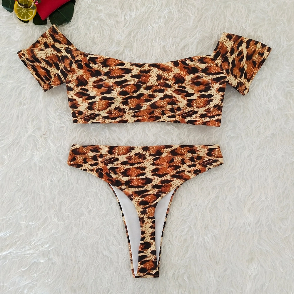 Women's Short Sleeve Bikini Set Sport Swimsuit Top Thong Bottom Leopard Swimwear