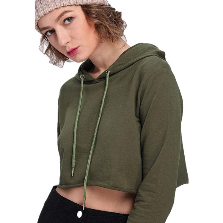 Womens Cropped Workout Sports Hoodie Plain Army Green Long Sleeve Crop Top Sweatshirts