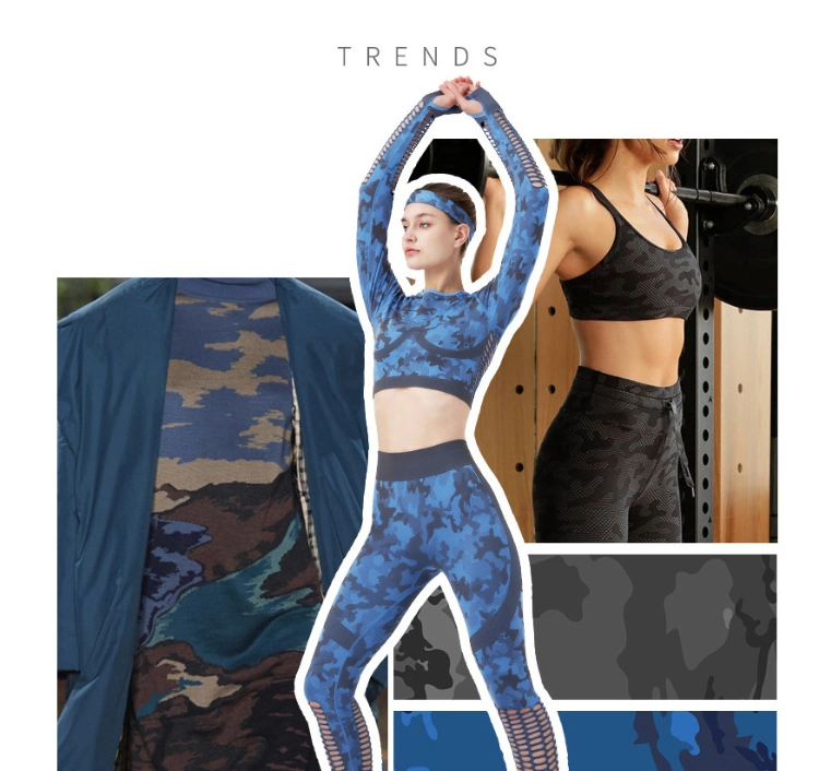 Wholesale Blue Fitness Camo Female Seamless Yoga Short Set Long Sleeve Crop Leggings