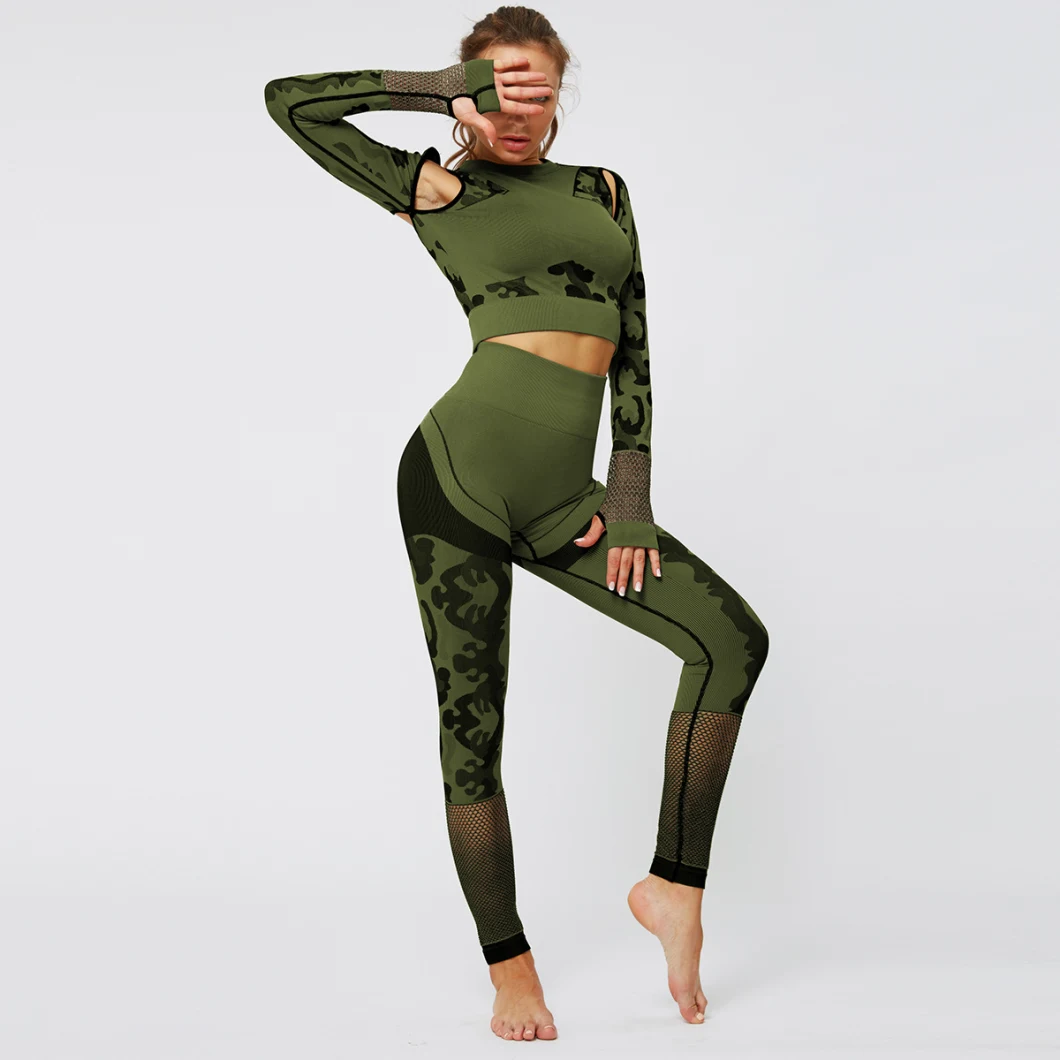 Seamless Camouflage Hollow Long Sleeve Compression Tight Sports Wear Set