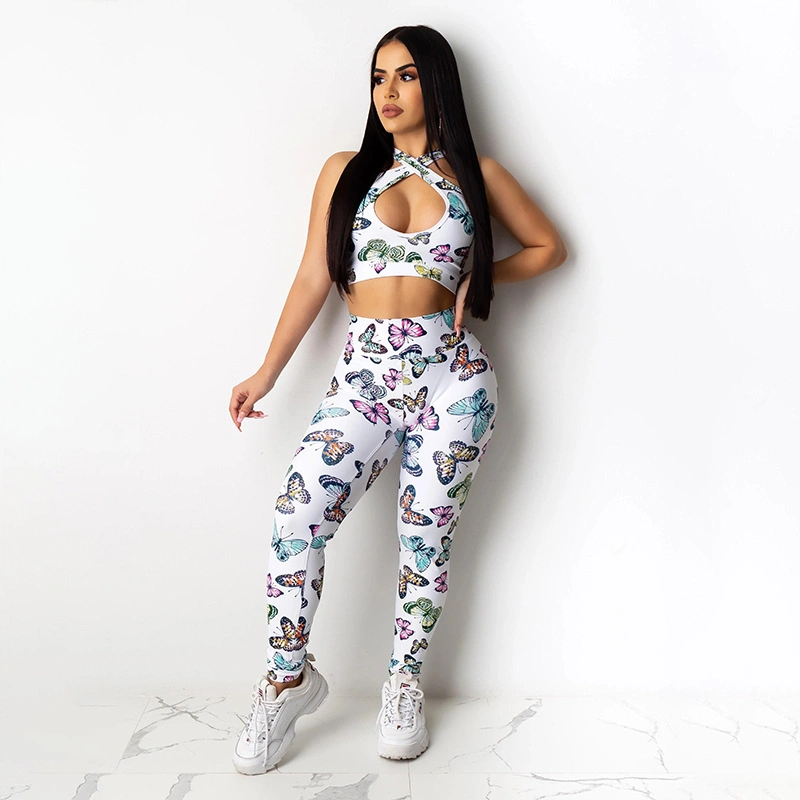 New Ladies Sexy Butterfly Print Hollow Vest Trousers Leggings Yoga Clothing Suit
