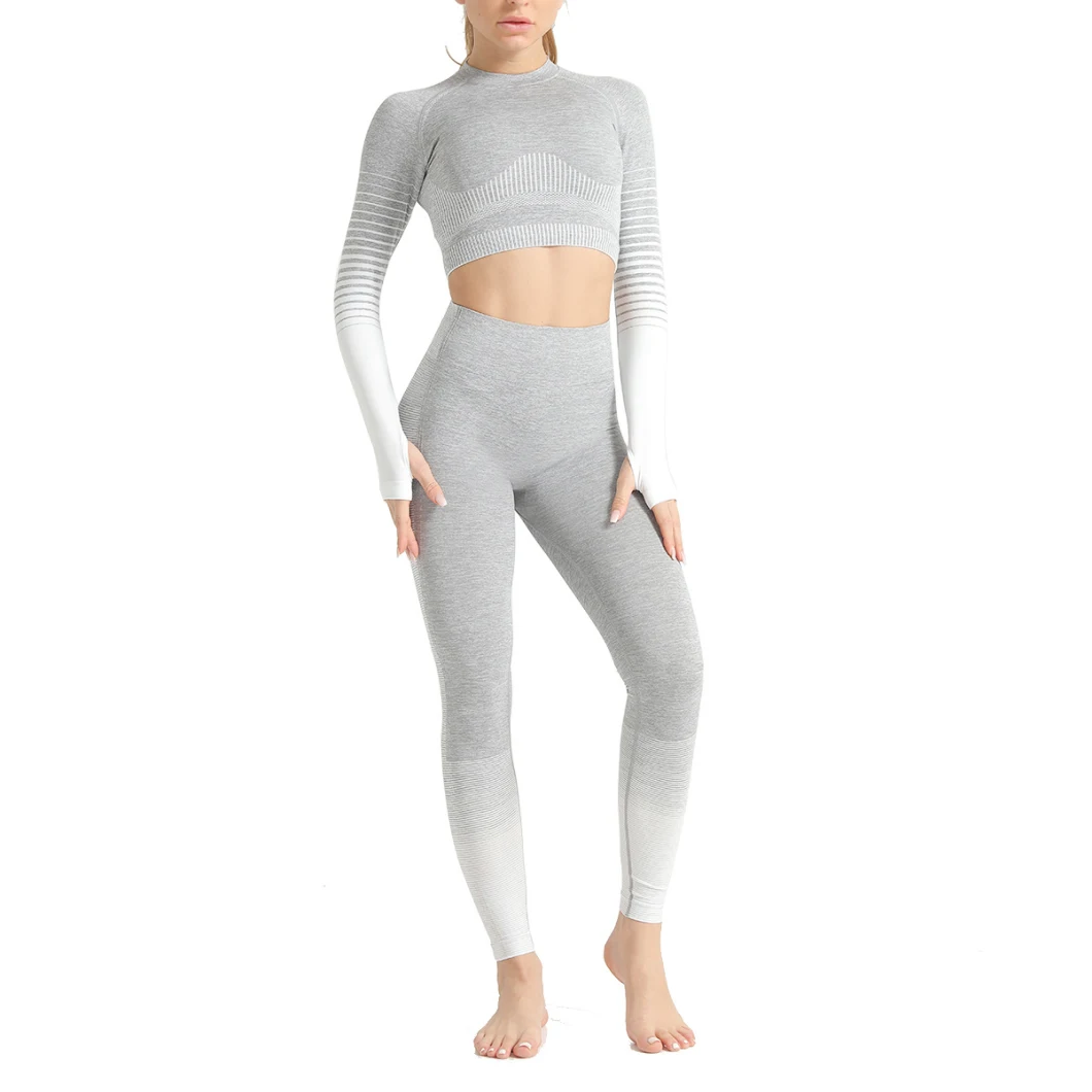 Striped Seamless Yoga Sets Sports Clothing for Women Knitted Hip Lifting Tight Leggings Long Sleeve