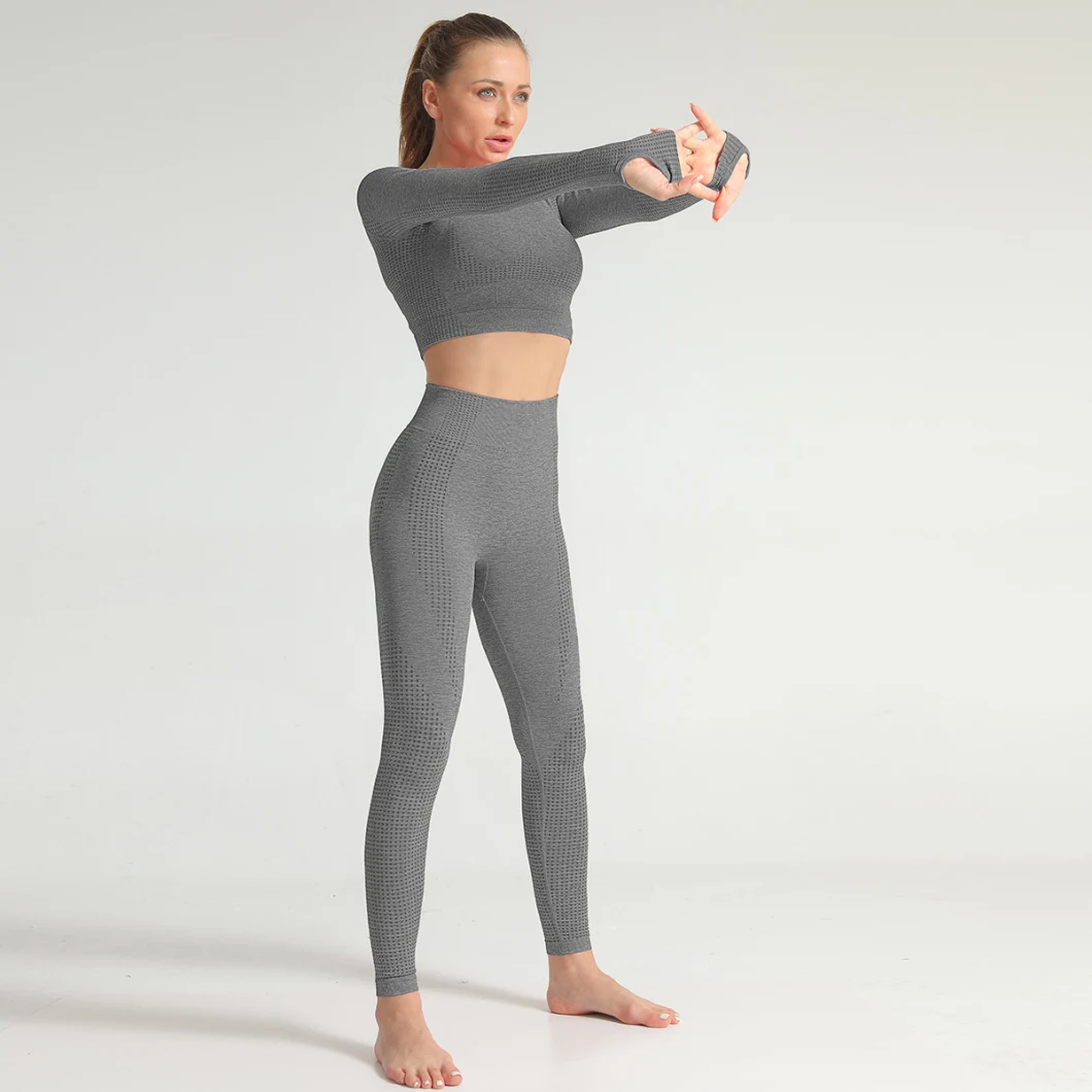 Seamless Yoga Sets Clothing for Women Fitness Jacquard Knitting Woman Push up Leggings Long Sleeve
