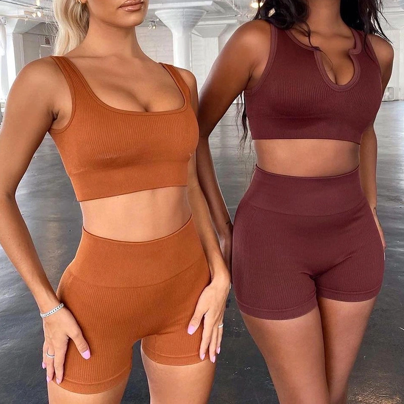 Custom Ribbed Women Quick Dry Yoga Set Two Piece Short Yoga Suit Fitness Workout Gym Clothing